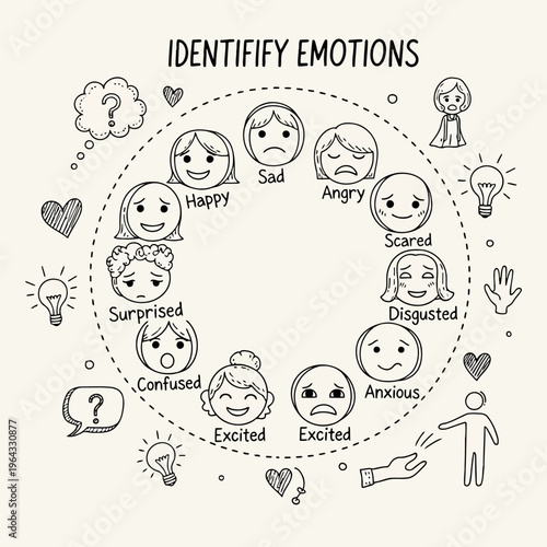 Identify emotions faces with different expressions like happy sad angry scared disgusted anxious excited and confused.