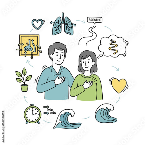 Couple practicing mindful breathing exercises together for stress relief and well-being with lungs heart and calming wave imagery and alarm clock.