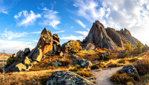 Dramatic Rock Formations Under a Blue Sky in Bektau-Ata, Kazakhstan.