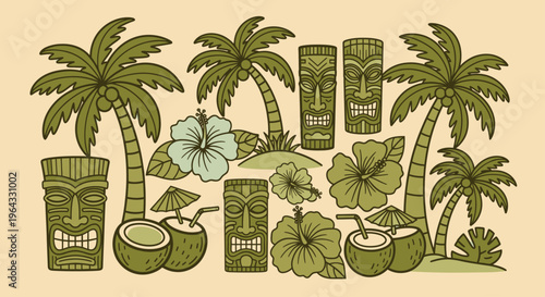 Tropical Tiki Bar Elements with Coconuts and Palm Trees.