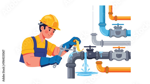 Plumber at Work: A skilled plumber intently repairs a leaking pipe. Surrounded by plumbing fixtures and pipes. Representing the essential services and the solutions provided.