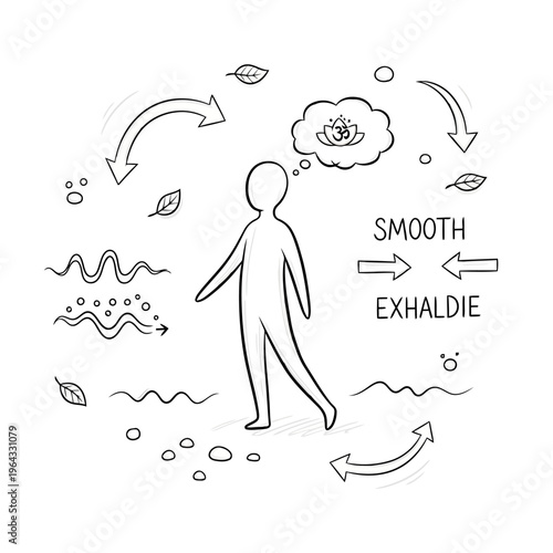 Mindfulness exercise for smooth breathing and exhalation, symbolizing meditation and inner peace with gentle flowing water and falling leaves for calm relaxation.