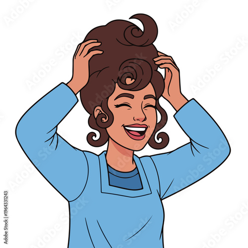 Cartoon woman styling her curly brown hair with hands