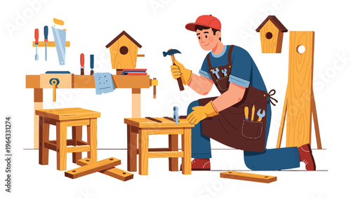 Handcrafting: A carpenter meticulously works on crafting a piece, with tools around. Evoking a sense of craftsmanship and dedication.
