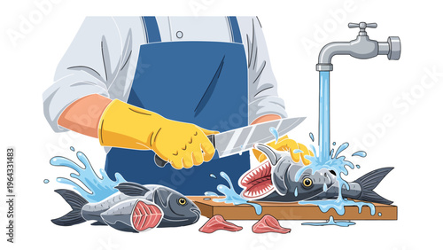 Culinary Art of Freshness: A chef meticulously prepares fresh seafood, employing precision and care to deliver culinary excellence.