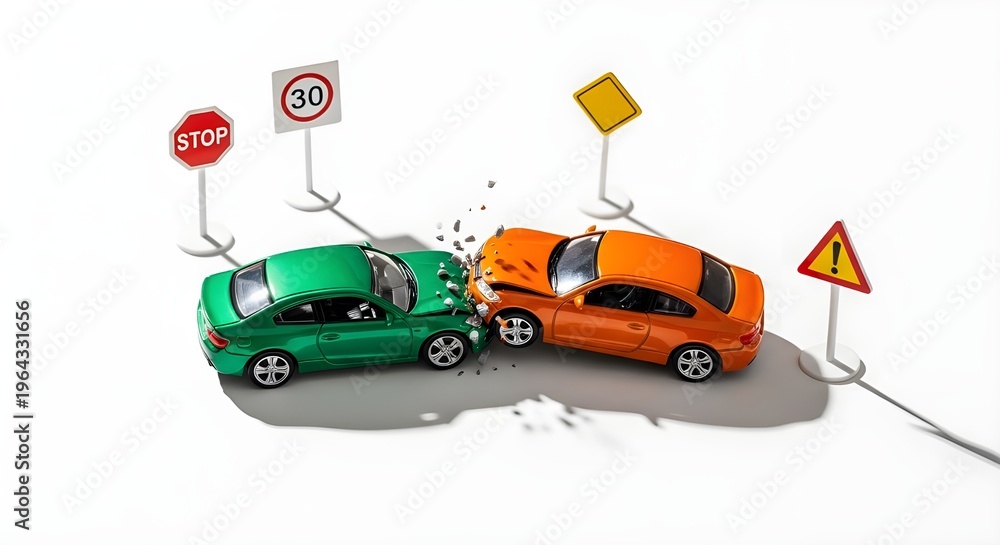 Naklejka premium Car insurance concept with car toys on white background top view copyspace