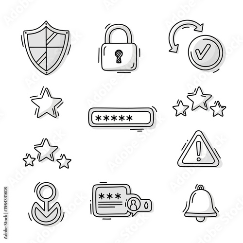 Security and protection icons set with shield lock password progress bar and warning signs for data safety and authentication.