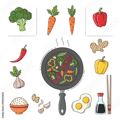 Healthy food cooking illustration with wok full of vegetables ingredients like broccoli carrots peppers and spices served with rice and fried egg.