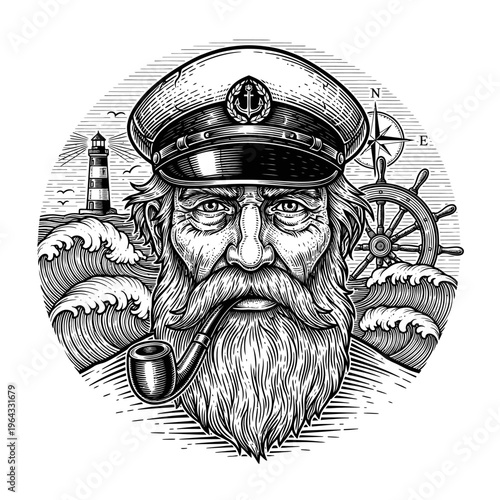 Vintage Engraving of a Bearded Sea Captain with Pipe and Nautical Elements.
