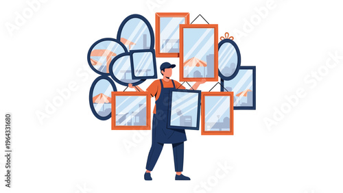 Mirror Exhibition: A skilled craftsman meticulously arranges a collection of diverse mirrors, displaying each unique frame and reflecting a curated artistic experience. 