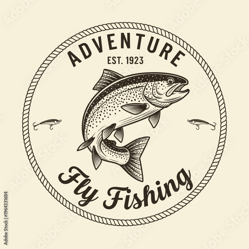 Vintage Fly Fishing Emblem with Trout Illustration.