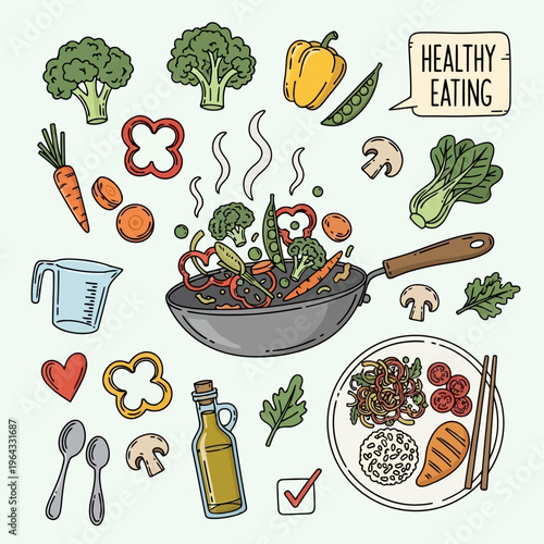 Healthy eating and cooking illustration with fresh ingredients wok full of vegetables served on plate with rice and chicken breast.