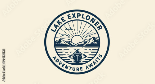 Vintage Lake Explorer Adventure Awaits Emblem with Mountains and Canoe.
