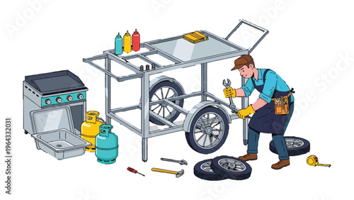 Mechanic Assembling a Food Cart: A skilled mechanic meticulously assembles a food cart, utilizing tools and equipment to bring a vision of culinary possibilities to life.