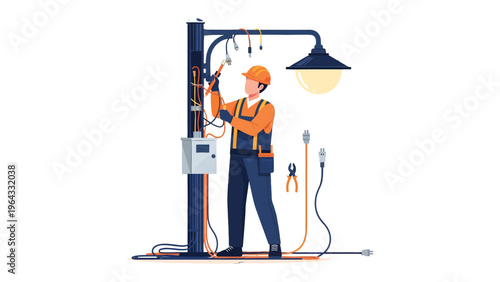 Electrician's Precision: An electrician skillfully working on an outdoor lamppost, concentrating with tools in hand, highlighting dedication to ensuring illumination.