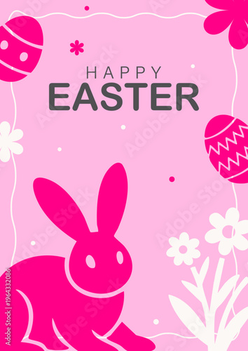 Cute Easter Bunny Card With Decorative Eggs And Flowers, Happy Easter Bunny Greeting Card With Pink Spring Background, Happy Easter Spring Holiday Background With Rabbit Illustration, Minimal Easter B
