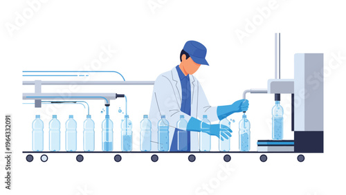 Water Bottling Process: A factory worker meticulously oversees the automated filling of clear bottles with pure water, a testament to efficiency and the promise of refreshment. 