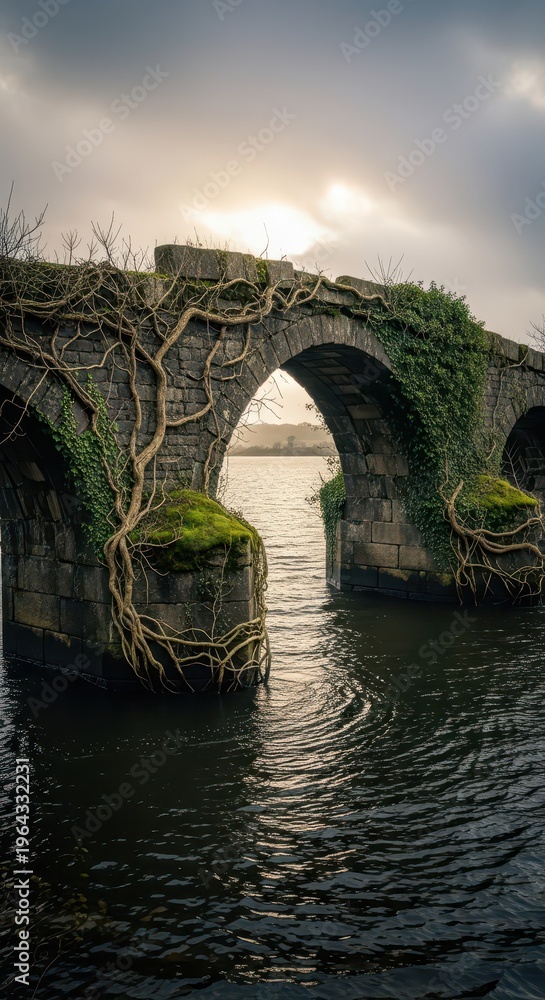 Fototapeta premium Ancient stone arch bridge structure is heavily overgrown with climbing plants above dark flowing water under a dramatic sky