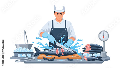 Butcher at Work: A skilled butcher expertly cuts a fresh fish, showcasing his craftsmanship and the freshness of the product.