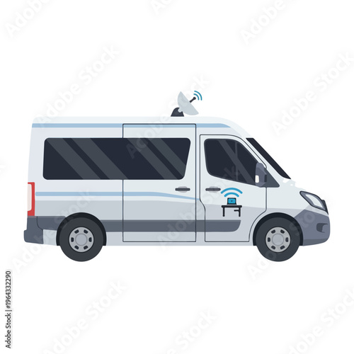 White van with satellite dish on roof for broadcasting or internet
