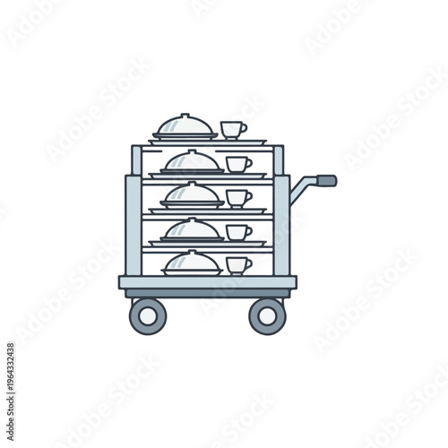 Food service cart with dishes and cups on shelves