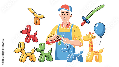 Balloon Artist Crafting Whimsy: A skilled balloon artist, surrounded by vibrant creations, meticulously crafts a balloon sculpture, showcasing artistry and entertainment for the children.