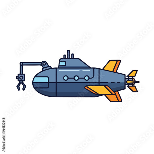 Robot submarine with manipulator arm and yellow fins on white background