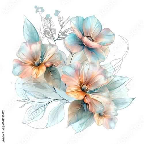 Watercolor blooming blue and peach floral bouquet with delicate petals
