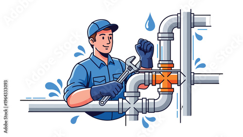 Professional Plumbing: A skilled plumber in a blue uniform, meticulously inspects a complex network of pipes with a wrench in hand.