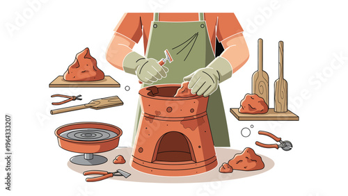 Potter's Craft: An artisan masterfully molds clay on a pottery wheel, shaping a new vessel. This scene captures the timeless art of ceramics and the creative process.