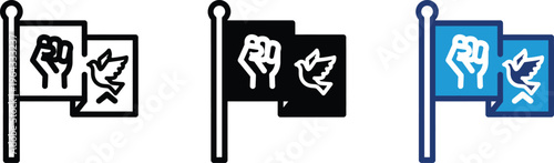 Flags with white and black logos on poles in various colors