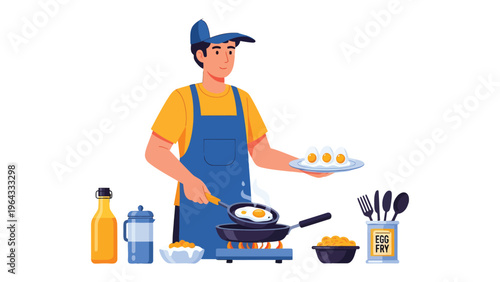 Chef at Breakfast: A skilled chef meticulously prepares a delicious breakfast, focusing on fried eggs, embodying culinary precision and the joy of a perfect morning meal.