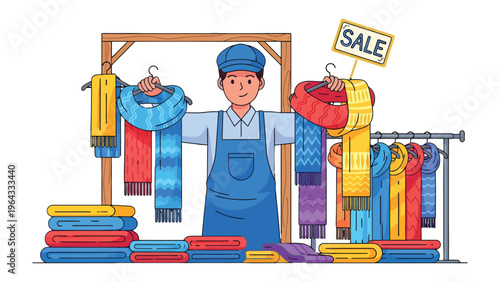 Shopkeeper Displaying Scarves: A shopkeeper stands proudly, showcasing a vibrant array of scarves during a sale, offering customers a diverse selection of cozy accessories.