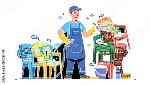 Cleaning Chairs: A worker uses a high-pressure spray to clean colorful chairs, highlighting a scene of maintenance, hygiene, and cleanliness.