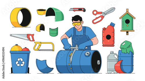 Craftsman Repurposing : A skilled craftsman engaged in the art of repurposing, surrounded by a collection of tools and materials ready for transforming waste into something new