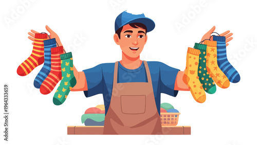 Socks Salesman: An illustration of a man showcasing a vibrant array of socks with various patterns, reflecting his professional presentation and eye-catching arrangement.
