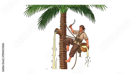 Date Palm Tapper Harvesting Nectar: An illustration showcasing a date palm tapper at work, meticulously extracting sweet nectar from a date palm tree.