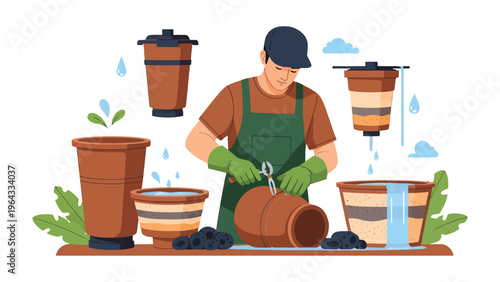 Gardener's Green Thumb: A diligent gardener cultivates plant life, ensuring lush growth. Embracing the serenity of nature with the joy of caring for greenery and blossoming flora.