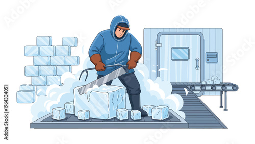 Ice Production Process: A worker meticulously saws a large ice block, amidst a flurry of cold vapor, within an industrial ice manufacturing setting.