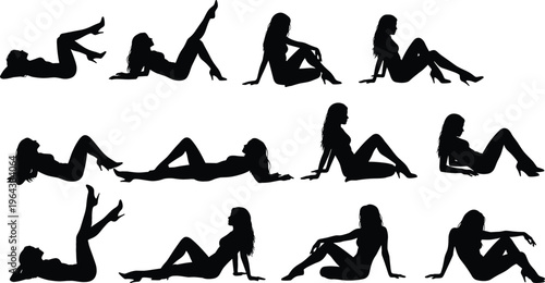 Set of Female Silhouette Poses Collection with Elegant Women Figures in Various Reclining Positions for Fashion, Fitness, Lifestyle, and Design Projects