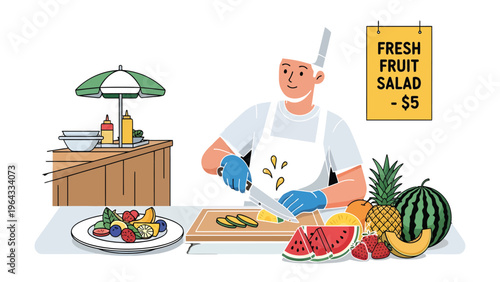 Culinary Freshness: A culinary professional diligently crafts a vibrant fruit salad, epitomizing freshness and culinary artistry.