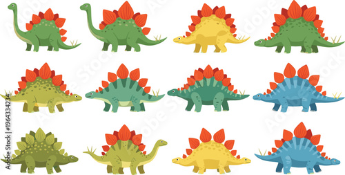 Stegosaurus Dinosaur Vector Collection Featuring Colorful Cartoon Prehistoric Creatures in Different Poses for Kids, Education, and Jurassic Theme Design Projects