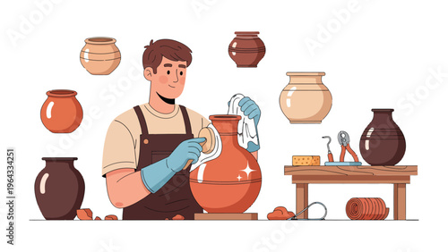 Artisan's Touch: A dedicated craftsman meticulously polishes a terracotta vase, showcasing the art of pottery with precision and care, surrounded by his tools and creations.