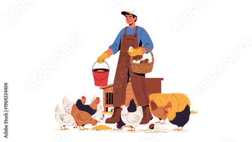 Farmer Feeding Chickens: A farmer is shown with chickens as they are feeding and maintaining them.