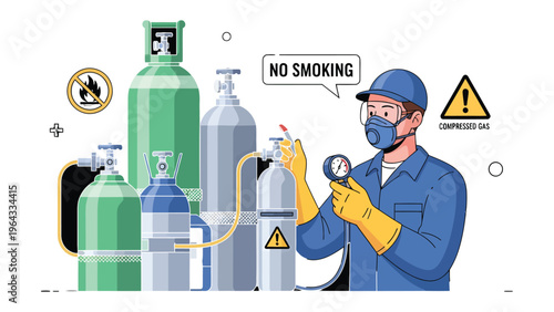 Compressed Gas Safety: A worker meticulously monitors pressure gauges near a collection of compressed gas cylinders, emphasizing safety precautions and the no-smoking directive. 