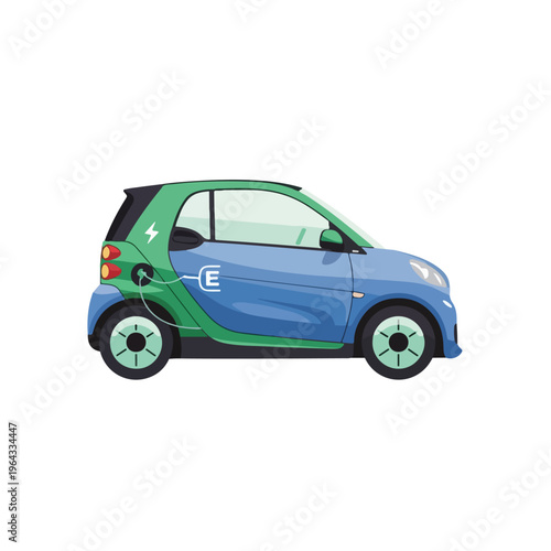Electric car being charged with green and blue body and white background