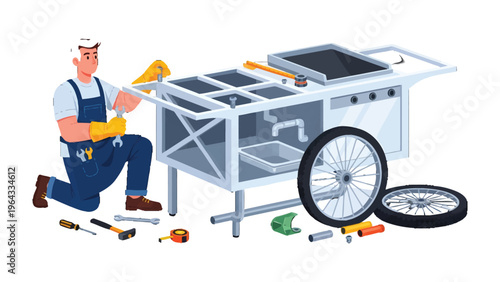 Construction in Action: A skilled worker meticulously assembles a metal structure, surrounded by tools of his trade.
