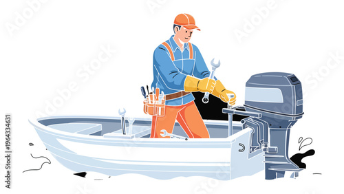 Boat Mechanic at Work: A skilled mechanic in work attire, meticulously repairs a motorboat, showcasing expertise in marine engine maintenance.
