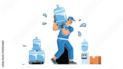 Water Delivery: A worker is diligently carrying large water bottles, embodying the essence of refreshing hydration and essential service delivery. 