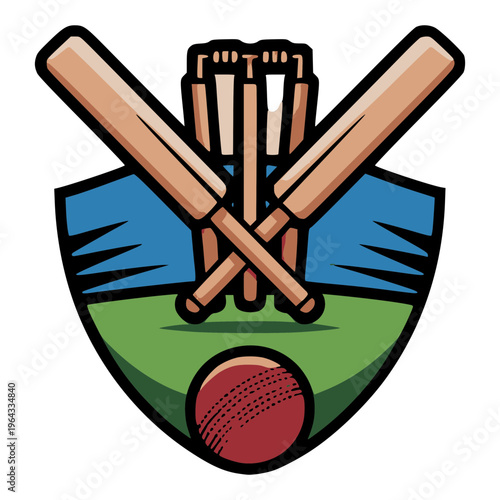 Cricket emblem: An illustration of a cricket emblem, incorporating essential sport elements with a stylish design, capturing the essence of the game.